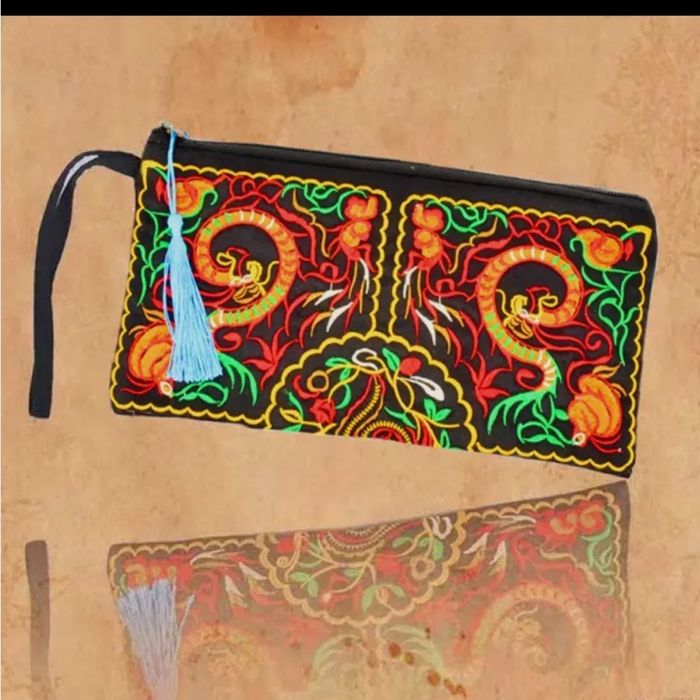 Handmade Dragon Embroidered Wristlet with Tassel